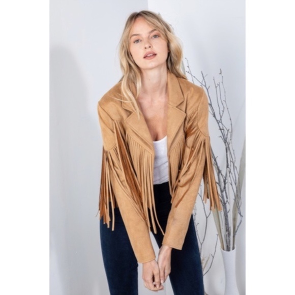 SOLD OUT Camel Faux Leather Suede Fringe Cropped Western Boho Moto Jacket - Picture 10 of 13